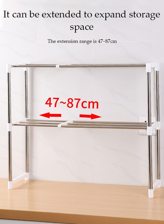 DUNISO Double-Layer White Stainless Steel Microwave Oven Rack, Multi-Functional Thickened Telescopic Storage Rack, Storage Rack, Desktop Storage Rack, Suitable For Kitchens, Study Rooms, Bedrooms, Food Storage Rooms, Etc.  - Image 4