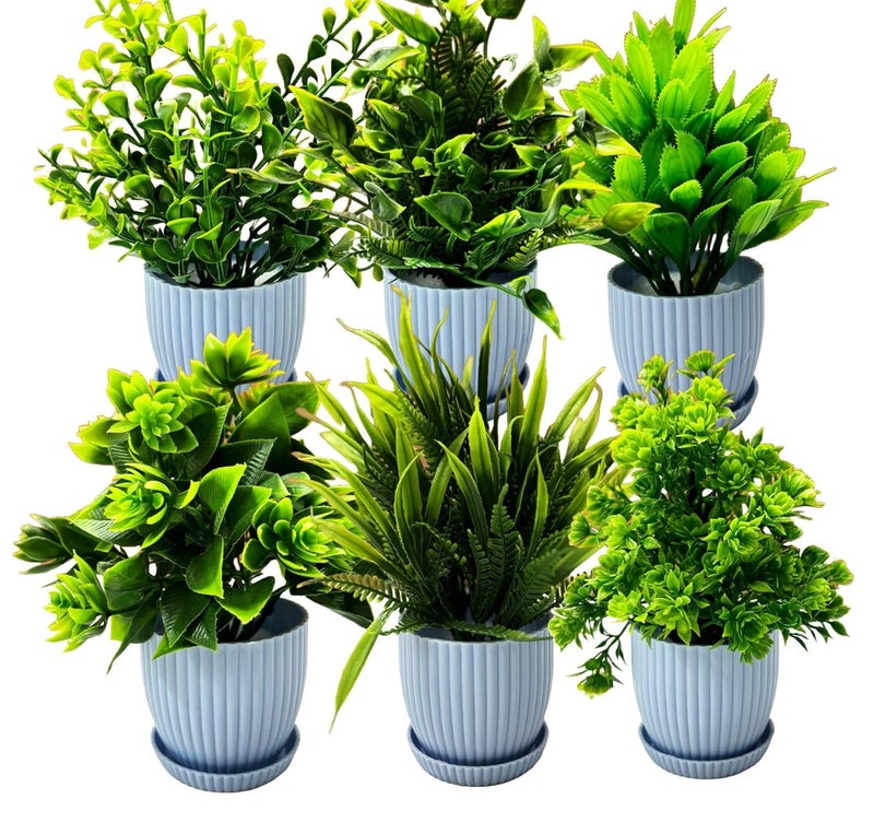 Dekorly Plastic 6 Packs Fake Plants Small,Mini Artificial Plants Indoor For Home Farmhouse Bathroom Shelf Décor(Height : 17Cm,Blue) - Image 2