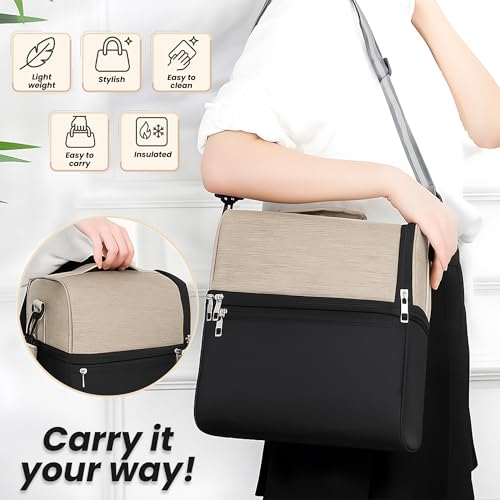 OCEANEVO 2 Compartment Insulated Lunch Bag with Luggage Tag, Tiffin Bag for Office with Handle and Shoulder Strap for Men and Women - 28 x 25 x 18 Cm - Beige - Image 5