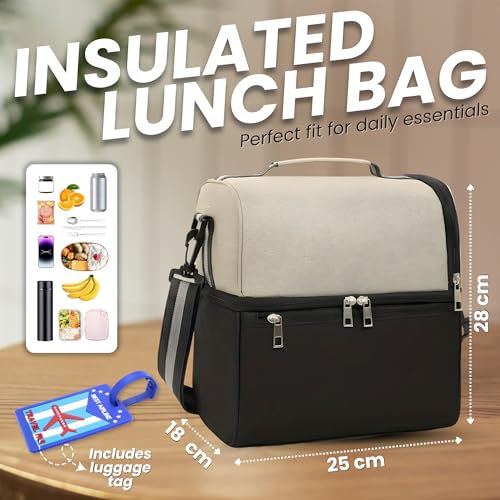 OCEANEVO 2 Compartment Insulated Lunch Bag with Luggage Tag, Tiffin Bag for Office with Handle and Shoulder Strap for Men and Women - 28 x 25 x 18 Cm - Beige - Image 2