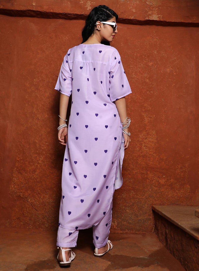  قصة Women's Lavender Hearts Kurta With Trousers And Dupatta  - Image 3