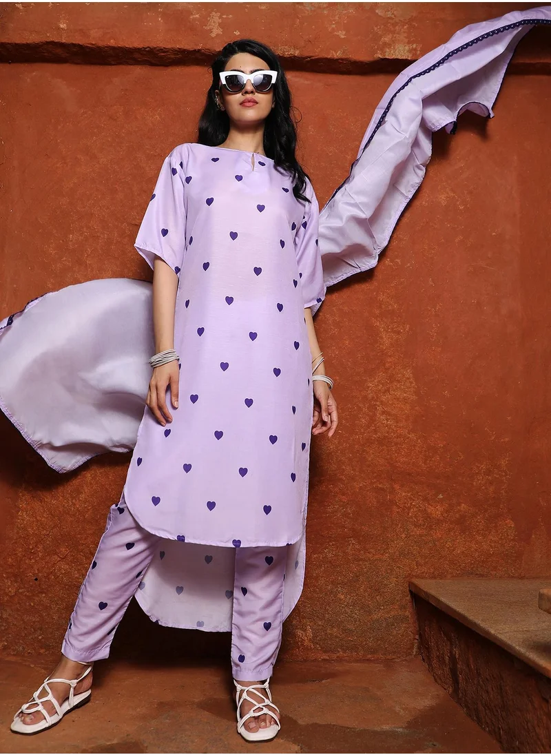 QISSA Women's Lavender Hearts Kurta With Trousers And Dupatta