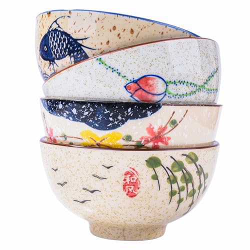 Whitenesser Japanese Ceramic Rice & Sushi Bowls Set – 4 Pack Hand-Painted Floral Design, Underglaze, Microwave & Dishwasher-Safe, Elegant Dinnerware for Home, Restaurants - Image 1