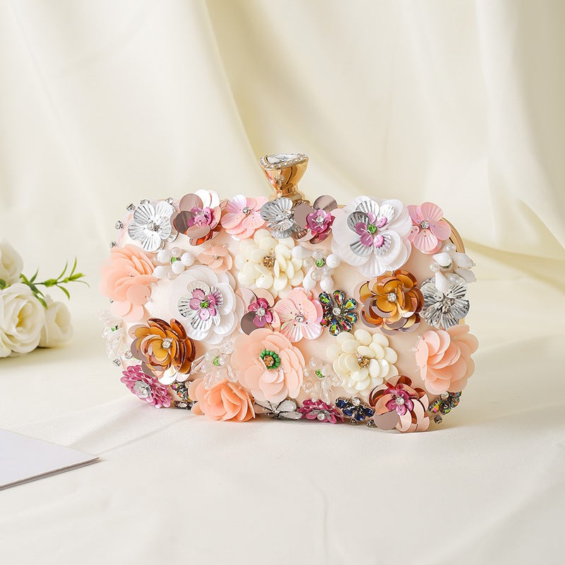 Floral Beaded Clutch Evening Bag for Women Champagne