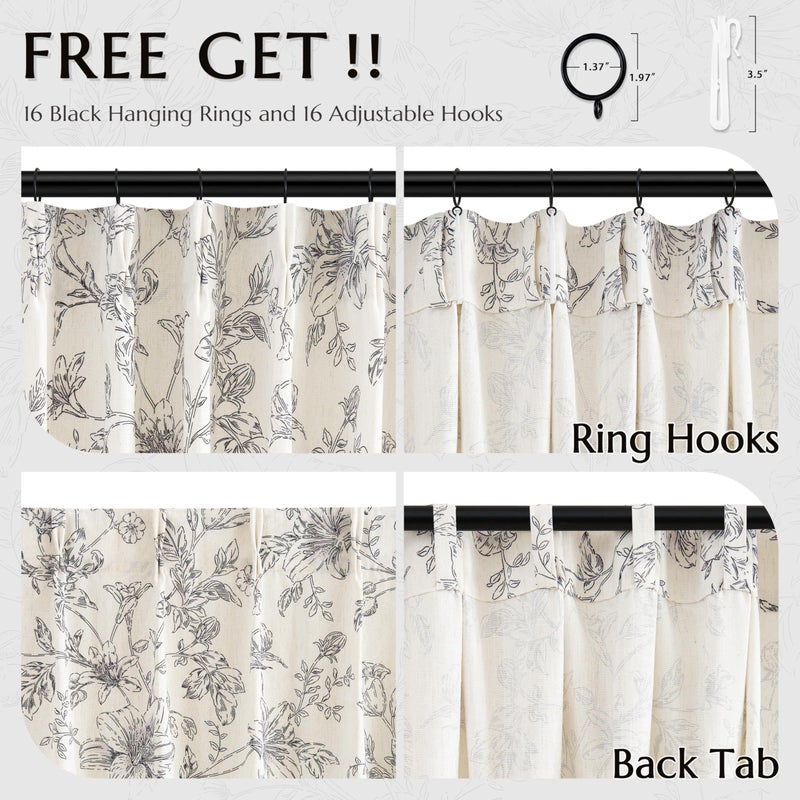 BILEEHOME Pinch Pleated Floral Linen Curtains 90 Inch Length for Living Room Bedroom Black Flower Patterned Curtains Printed Vintage Rustic Farmhouse Country Shabby Chic Pinch Pleat Drapes with Hooks Rings - Image 4