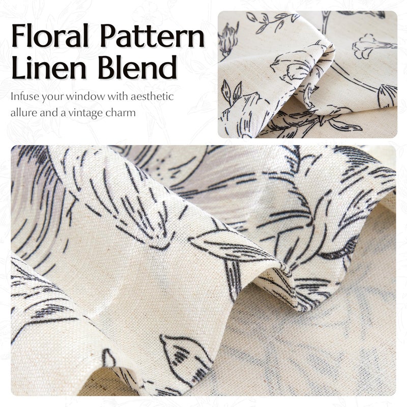 BILEEHOME Pinch Pleated Floral Linen Curtains 90 Inch Length for Living Room Bedroom Black Flower Patterned Curtains Printed Vintage Rustic Farmhouse Country Shabby Chic Pinch Pleat Drapes with Hooks Rings - Image 3