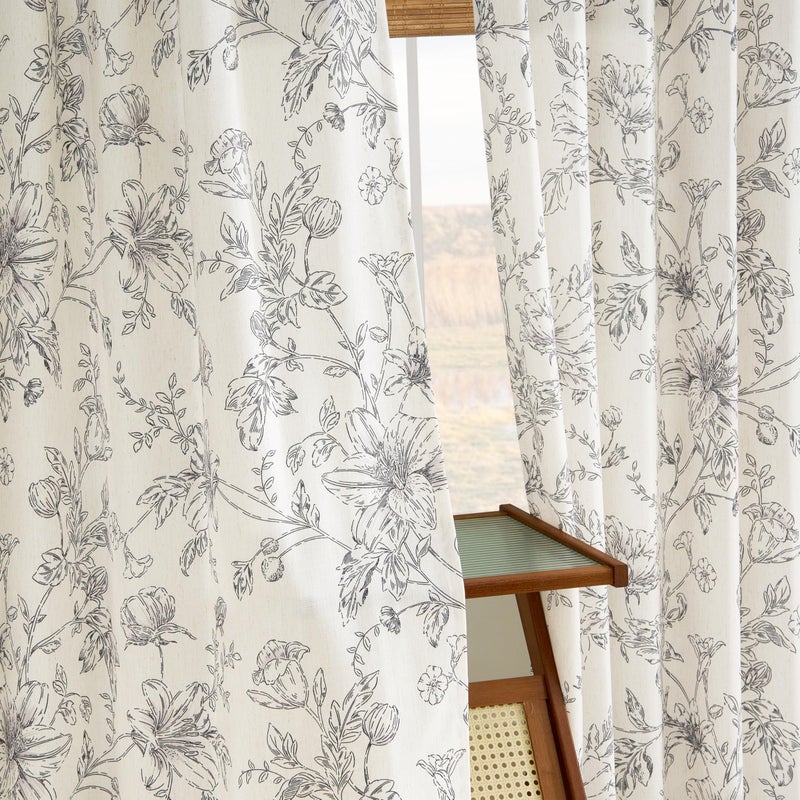 BILEEHOME Pinch Pleated Floral Linen Curtains 90 Inch Length for Living Room Bedroom Black Flower Patterned Curtains Printed Vintage Rustic Farmhouse Country Shabby Chic Pinch Pleat Drapes with Hooks Rings - Image 2