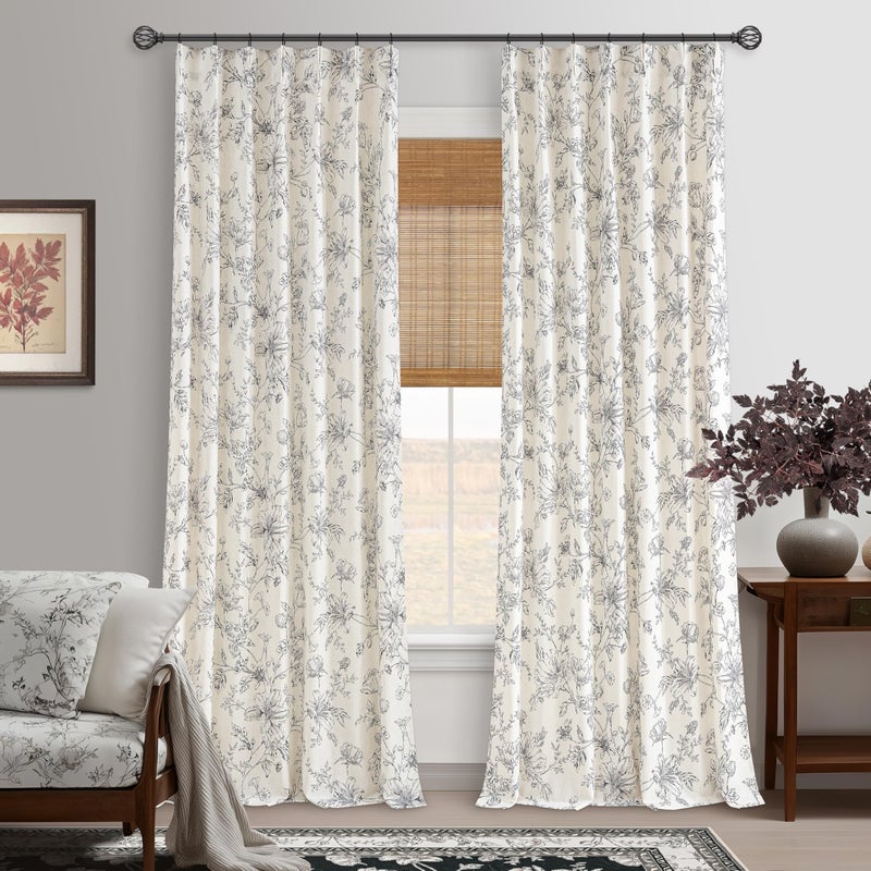 BILEEHOME Pinch Pleated Floral Linen Curtains 90 Inch Length for Living Room Bedroom Black Flower Patterned Curtains Printed Vintage Rustic Farmhouse Country Shabby Chic Pinch Pleat Drapes with Hooks Rings - Image 1