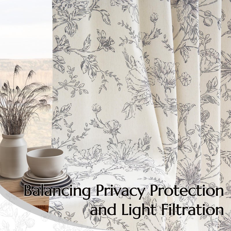 BILEEHOME Pinch Pleated Floral Linen Curtains 90 Inch Length for Living Room Bedroom Black Flower Patterned Curtains Printed Vintage Rustic Farmhouse Country Shabby Chic Pinch Pleat Drapes with Hooks Rings - Image 5