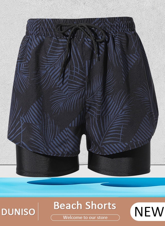 DUNISO Men's Swimming Trunks with Compression Liner, Double Layer Quick Dry Beach Shorts with Adjustable Belt Loose Breath Swim Shorts Swimwear Bathing Suits for Beach and Swimming - Image 1