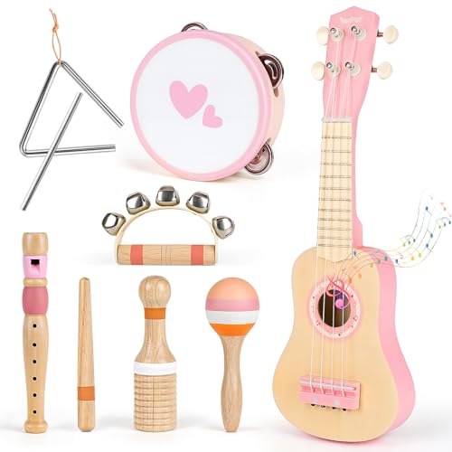 Vanplay Kids Guitar Set for Girls  Toys for 2 3 4 Year Old Girl Birthday Gifts  7 in 1 Wooden Montessori Musical Instruments with UkuleleTambourineMaracasFlute for Toddler 25Pink - Image 1