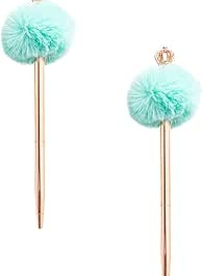 Crown Ballpoint Pens with Fluffy Pom Pom Topper Lake Blue Office Writing Pens for Students - Image 1