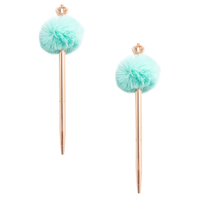 Crown Ballpoint Pens with Fluffy Pom Pom Topper Lake Blue Office Writing Pens for Students - Image 2
