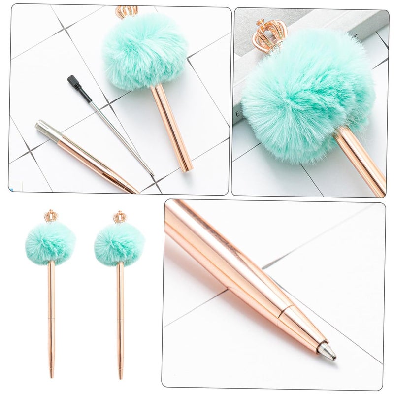 Crown Ballpoint Pens with Fluffy Pom Pom Topper Lake Blue Office Writing Pens for Students - Image 4