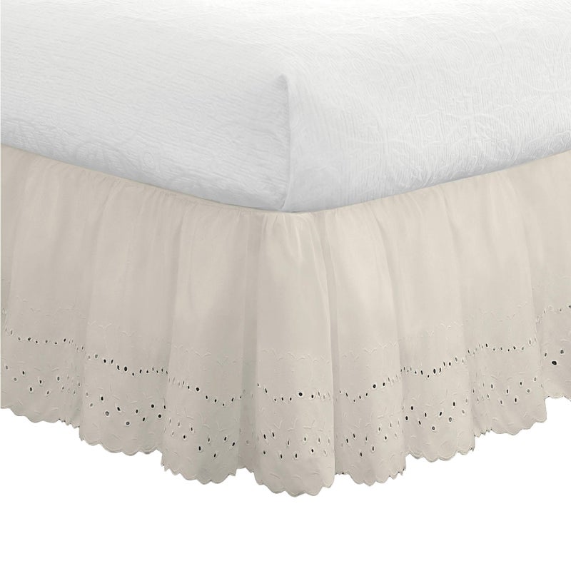 FRESH IDEAS Eyelet Bed Skirt Dust Ruffle Embroidered Details Classic 14 Drop Length Gathered Styling King Ivory Model FRE30014IVOR04