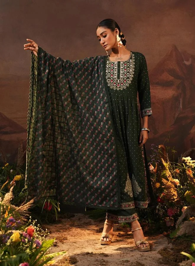 ISHIN Women's Green Rayon Embellished Tunic Upper Calf Length Palazzo Bottom Straight Fit 3 Peice Kurta Set