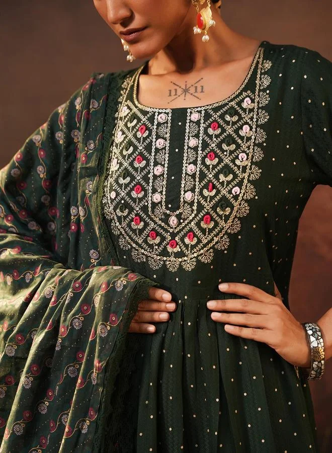 ISHIN Women's Green Rayon Embellished Tunic Upper Calf Length Palazzo Bottom Straight Fit 3 Peice Kurta Set