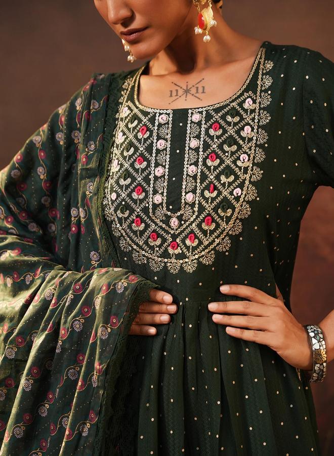 ISHIN Women's Green Rayon Embellished Tunic Upper Calf Length Palazzo Bottom Straight Fit 3 Peice Kurta Set - Image 5