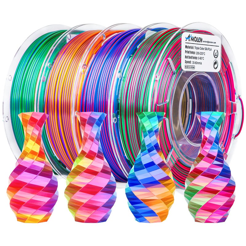 AMOLEN 3D Printer Filament Bundle, Triple Colors Coextrusion Silk PLA Filament 1.75mm +/-0.02mm,Shiny Color Change 3D Printer Filament for Most FDM 3D Printer 200g X 4 Pack - Image 1