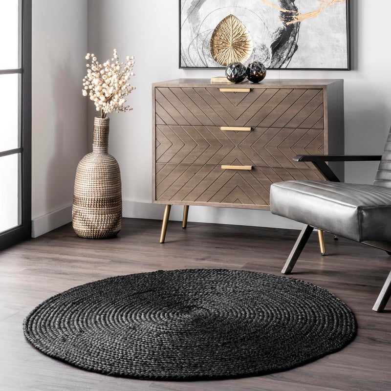 nuLOOM 4 Round Rigo Jute Hand Woven Area Rug Black Solid Farmhouse Design Natural Fiber For Bedroom Living Room Dining Room Hallway Office Kitchen Entryway