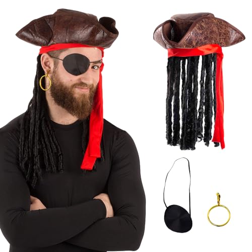 Tigerdoe Pirate Hat with Dreadlocks - Tricorn Hat - Caribbean Pirate Costume Accessories (3 Pc Set), Brown - Image 1