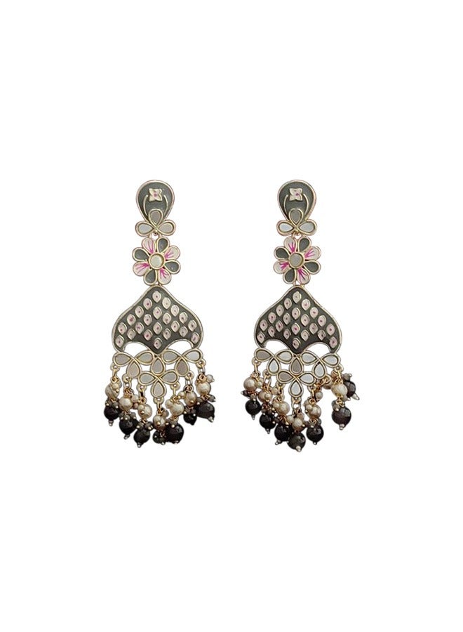 Designer Long Mirror Ethnic Earrings Grey