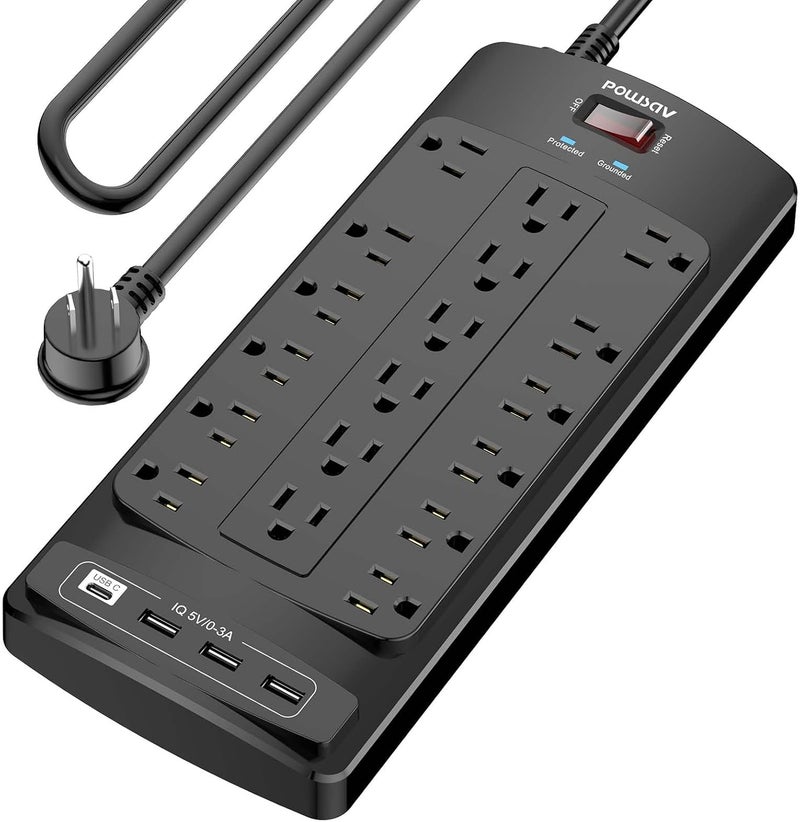POWSAV 18 Outlets Surge Protector Power Strip - 10 Feet Flat Plug Heavy Duty Extension Cord with 18 Widely Outlets and 4 USB Ports, 2100 Joules, Black, ETL Listed - Image 1