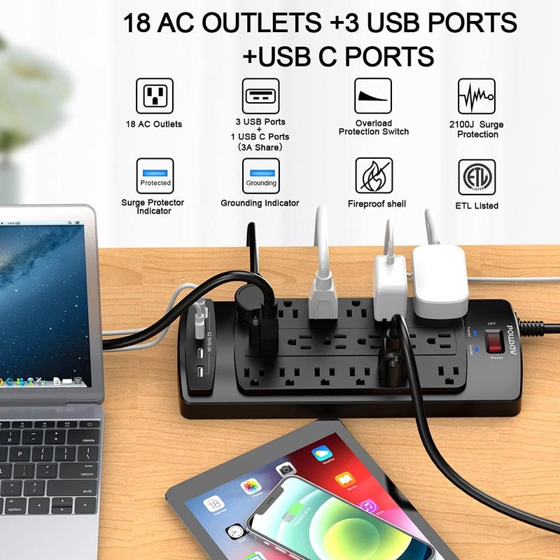 POWSAV 18 Outlets Surge Protector Power Strip - 10 Feet Flat Plug Heavy Duty Extension Cord with 18 Widely Outlets and 4 USB Ports, 2100 Joules, Black, ETL Listed - Image 2