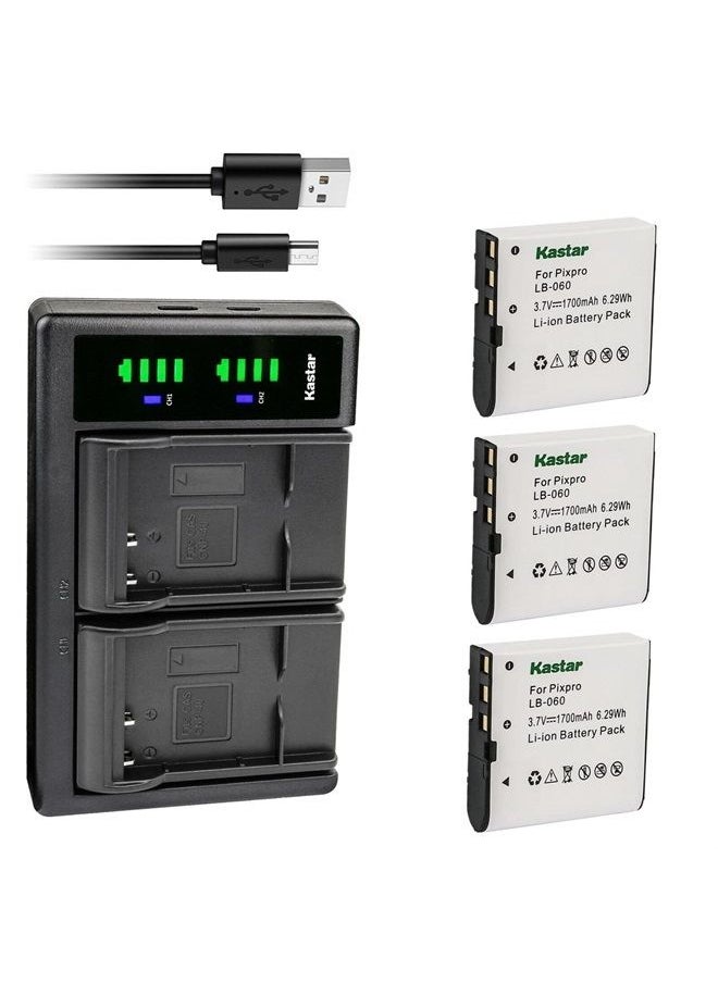 Kastar 3-Pack Battery and LTD2 USB Charger Replacement for Kodak LB-060 LB060 Battery, Kodak PixPro AZ525, PixPro AZ526, PixPro AZ527, PixPro AZ528 Digital Camera, Minolta MN53Z 16MP FHD Bridge Camera  - Image 1