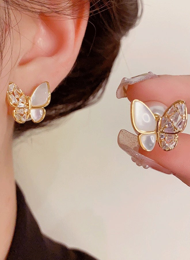 Real Gold Plated Butterfly Earrings for Women - Alloy/Copper Base Ear Jewelry with Pearl Mother-of-Pearl & Crystal Inlays, Fashionable Lightweight Ladies' Elegant Ear Accessories - Image 1