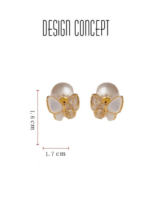 Real Gold Plated Butterfly Earrings for Women - Alloy/Copper Base Ear Jewelry with Pearl Mother-of-Pearl & Crystal Inlays, Fashionable Lightweight Ladies' Elegant Ear Accessories - Image 5