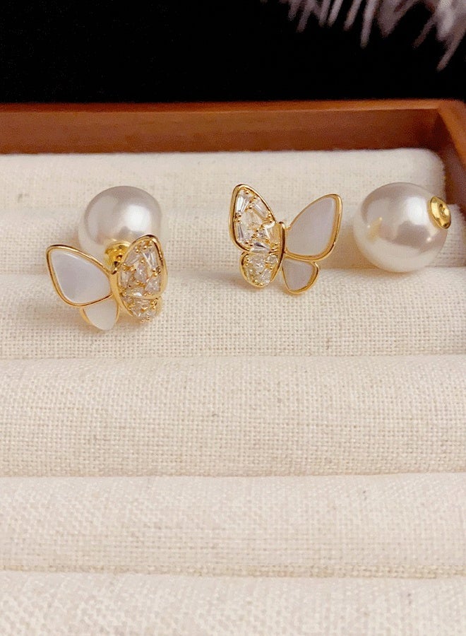Real Gold Plated Butterfly Earrings for Women - Alloy/Copper Base Ear Jewelry with Pearl Mother-of-Pearl & Crystal Inlays, Fashionable Lightweight Ladies' Elegant Ear Accessories - Image 3