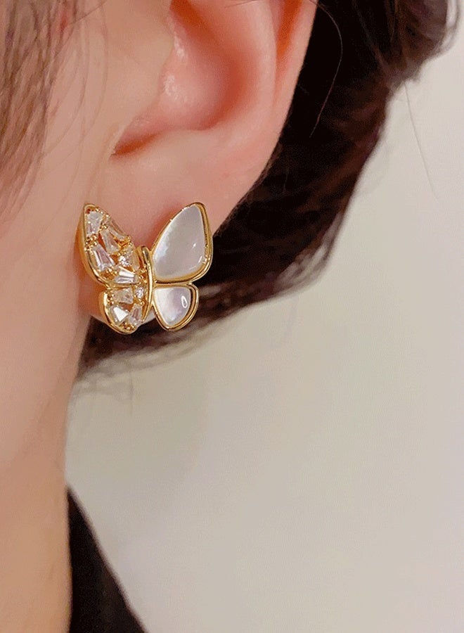 Real Gold Plated Butterfly Earrings for Women - Alloy/Copper Base Ear Jewelry with Pearl Mother-of-Pearl & Crystal Inlays, Fashionable Lightweight Ladies' Elegant Ear Accessories - Image 4