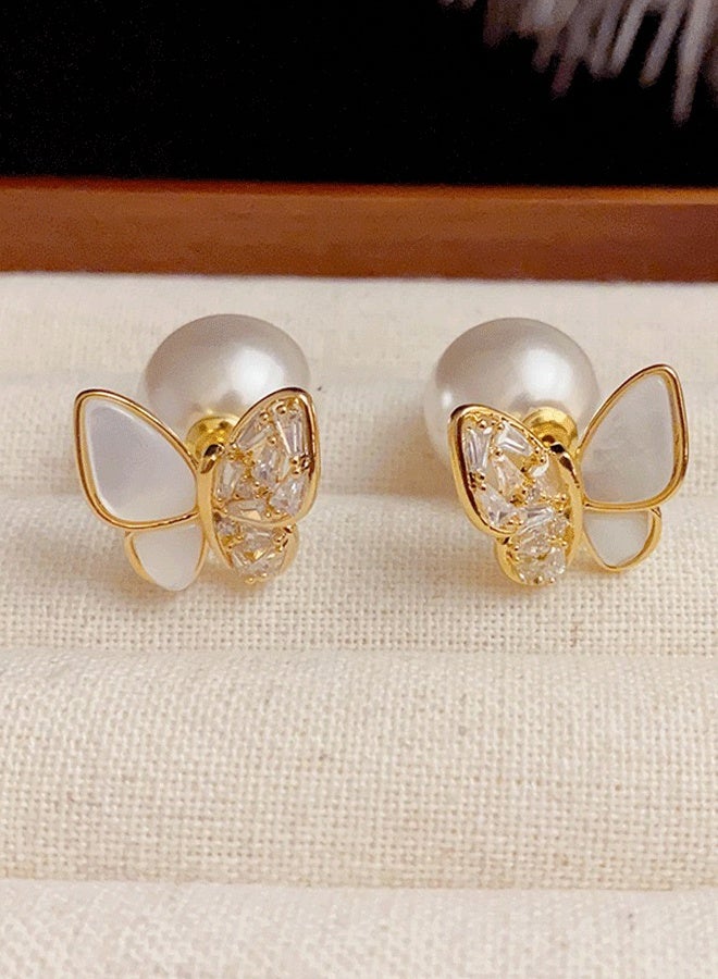 Real Gold Plated Butterfly Earrings for Women - Alloy/Copper Base Ear Jewelry with Pearl Mother-of-Pearl & Crystal Inlays, Fashionable Lightweight Ladies' Elegant Ear Accessories - Image 2