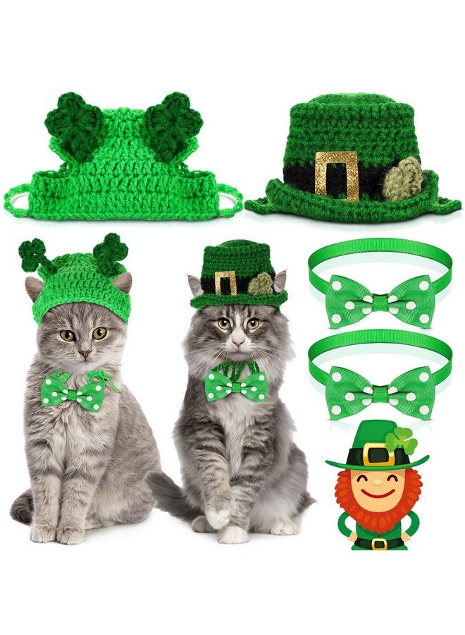MTLEE 4 Pcs St Patrick's Day Pet Costume Accessories, 2 Pcs Shamrock Headband for Cat and 2 Pack Green Cat Neck Bow St. Patty's Day Top Hat with Ear Holes and Chin Straps Adjustable for Pets - Image 1