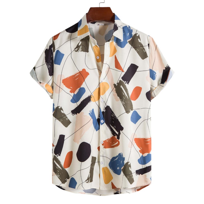 6/7 Casual White Graffiti Lapel Cotton Slim Fit Printed All-Season Youth Ready-Made Men'S Shirt - Image 2