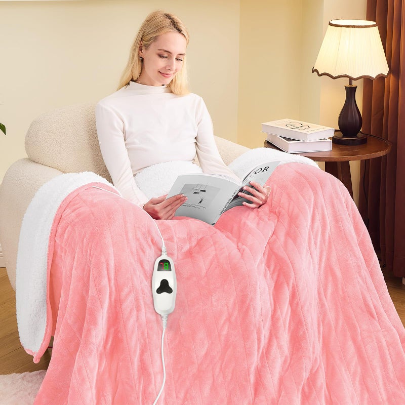 greenoak Heated Blanket Electric Twin 62"X84", Heating Blanket with 10 Heat Levels 1/2/4/6/8 Hours Auto-Off, Soft Flannel Sherpa Warm Heater Christmas Blanket, Light Pink - Image 1
