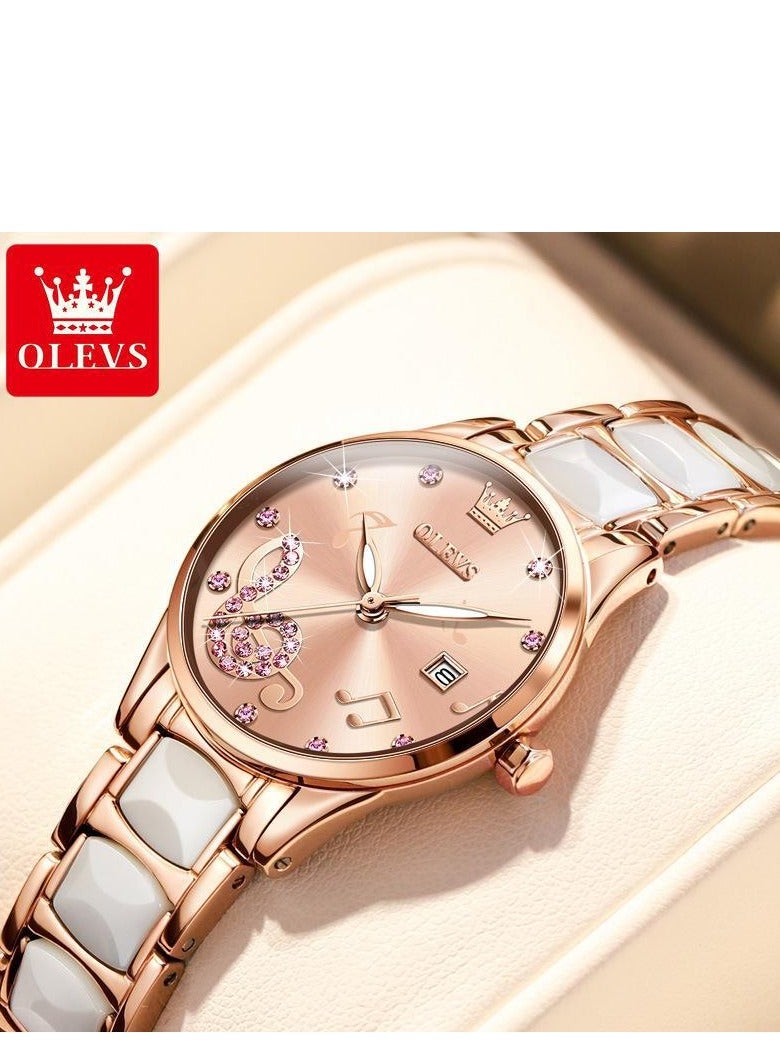 أوليفز ساعة OLEVS نسائية من السيراميك باللون الذهبي الوردي بتصميم أنيق وعصري فاخر مقاوم للماء وساعة كوارتز - Image 1