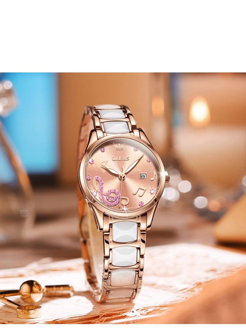 أوليفز ساعة OLEVS نسائية من السيراميك باللون الذهبي الوردي بتصميم أنيق وعصري فاخر مقاوم للماء وساعة كوارتز - Image 2