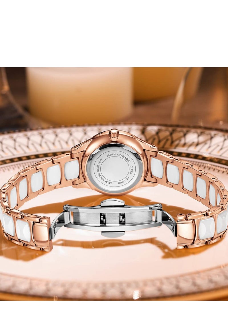 أوليفز ساعة OLEVS نسائية من السيراميك باللون الذهبي الوردي بتصميم أنيق وعصري فاخر مقاوم للماء وساعة كوارتز - Image 5