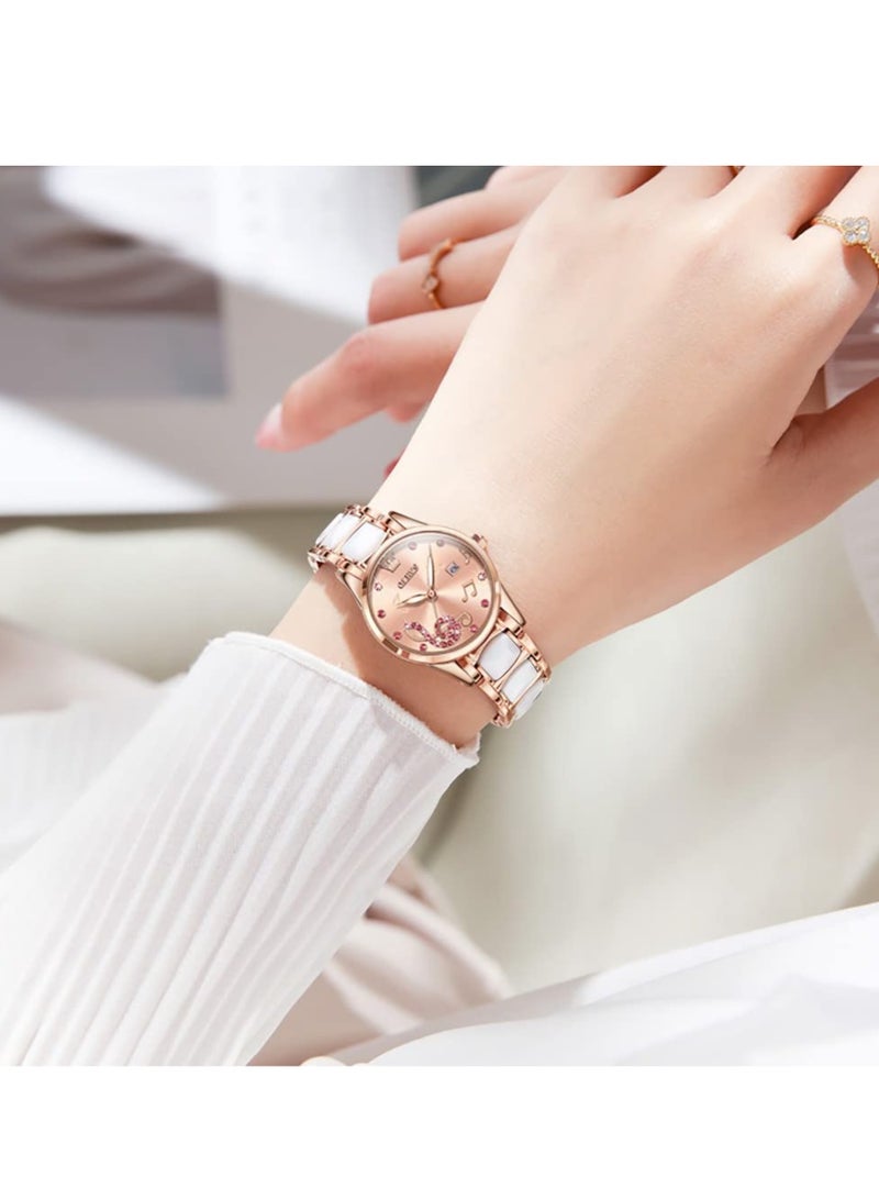 أوليفز ساعة OLEVS نسائية من السيراميك باللون الذهبي الوردي بتصميم أنيق وعصري فاخر مقاوم للماء وساعة كوارتز - Image 3