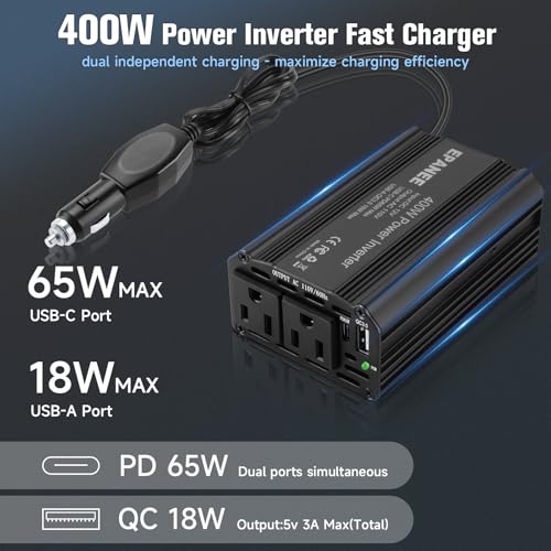 EPANEE 400W Power Inverter 12V DC to 110V AC, Car Charger Plug in Adapter Outlet with PD 65W USB-C&QC 18W Port, Portable Power Converters for Laptop Vehicles Camping Road Trip Essentials Adults-Black - Image 2