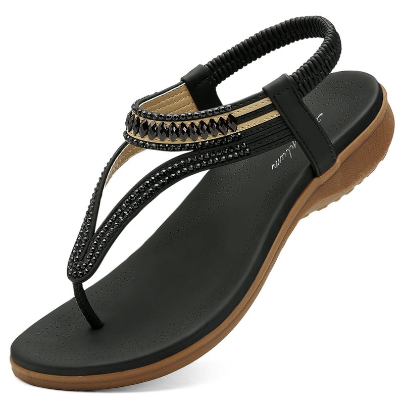Littleplum Womens Sandals Arch Support Slingback Sandals Summer Beach Shoes Ankle Strap Thong Elastic Flat Sandals for Women Black Size 8.5 - Image 1