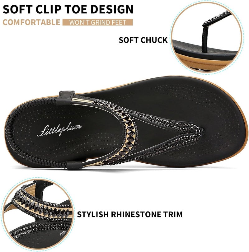 Littleplum Womens Sandals Arch Support Slingback Sandals Summer Beach Shoes Ankle Strap Thong Elastic Flat Sandals for Women Black Size 8.5 - Image 3