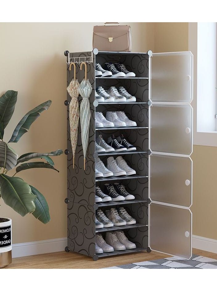 وحدات تنظيم الأحذية البلاستيكية 8 -Cube، رف تنظيم الأحذية القابل للتكديس، صناديق تنظيم الأحذية المغلقة مع أبواب، خزانة تخزين الأحذية الموفرة للمساحة للكعب، الأحذية الطويلة، النعال - Image 1
