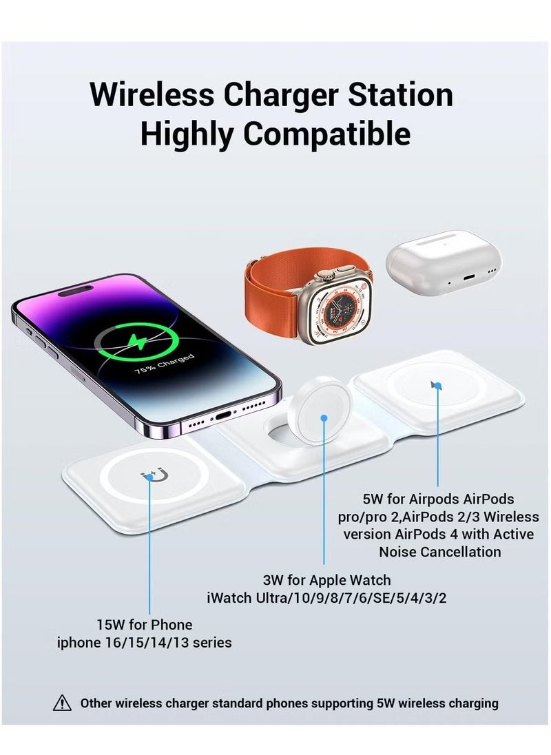 JAJEEK - 3 in 1 Wireless Charger, Foldable Magnetic Charging Dock for iPhone 13/12/11 Pro Max/X/XS Max/8/8 Plus, AirPods 3/2/Pro, iWatch Series 7/6/5/SE/4/3/2, Samsung Phones - Fast, Convenient, Space-Saving, Sleek White Design - Image 1