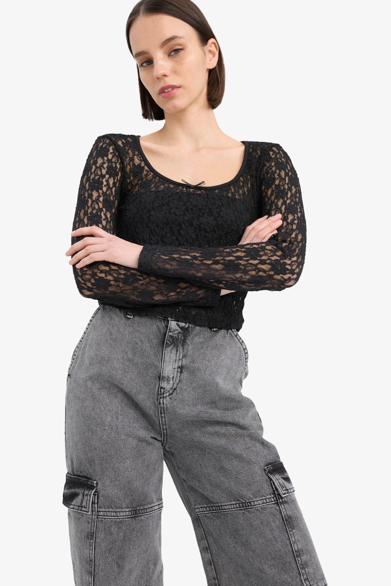 DeFacto Woman Round Neck Fitted Lace Long Sleeve Blouse - Image 5