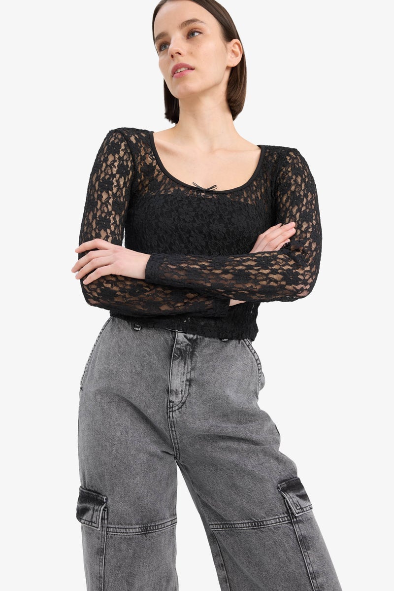 DeFacto Woman Round Neck Fitted Lace Long Sleeve Blouse - Image 4