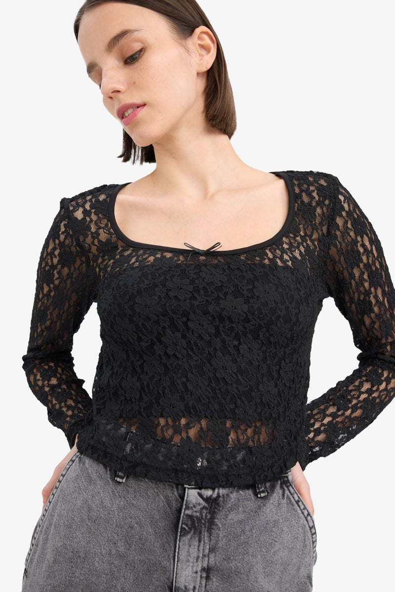 DeFacto Woman Round Neck Fitted Lace Long Sleeve Blouse - Image 1