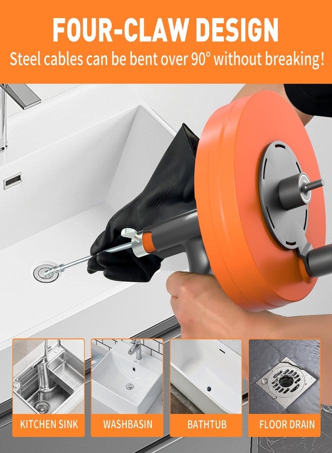 BACOENG 50Ft Drain Auger, Heavy Duty Plumbing Snake with Drill Adapter, Use Manually or Powered for Drain Clog, Shower Sink, Comes with Gloves and Bag (Orange) - Image 2